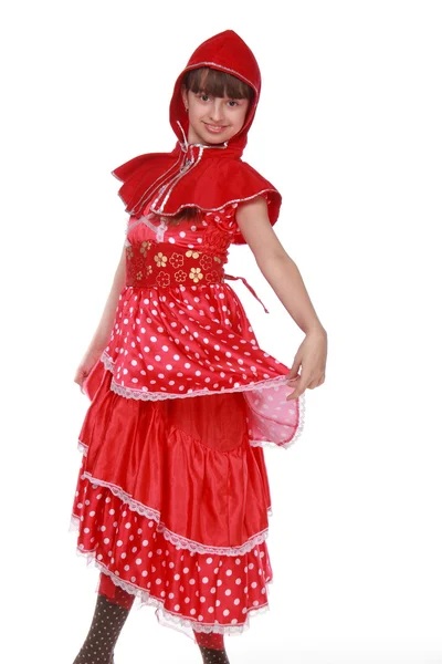 Retrato de una niña en vestido rojo y sombrero rojo — Foto de Stock