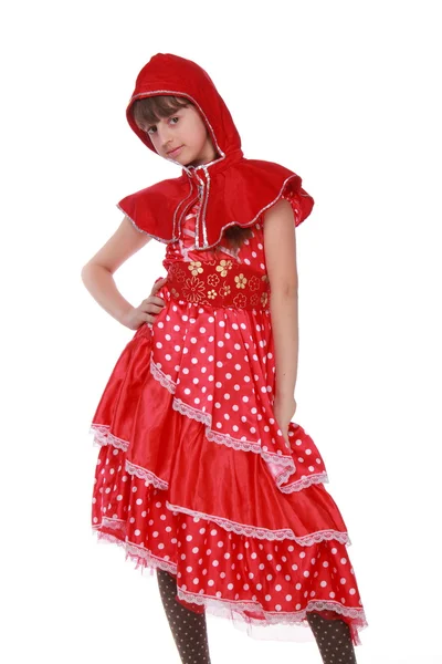 Porträtt av en söt flicka i kostym av röda — Stockfoto