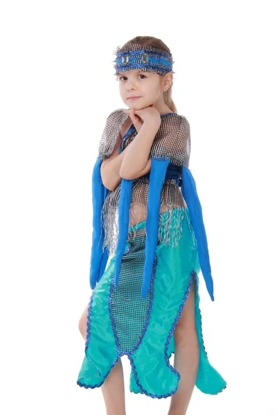 Expressive little girl dressed in a blue costume and dance — Stock Photo, Image