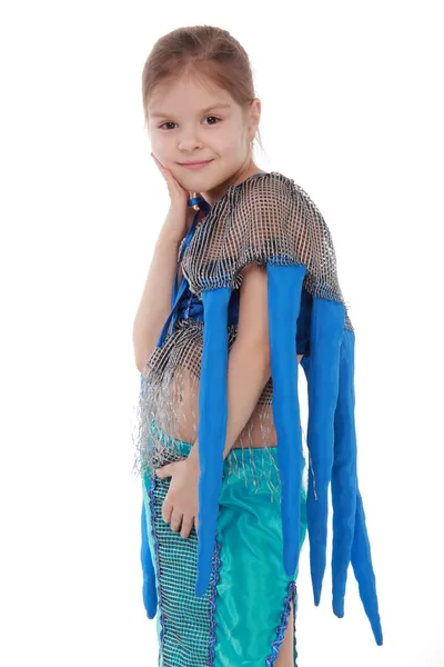 Expressive little girl dressed in a blue costume and dance — Stock Photo, Image