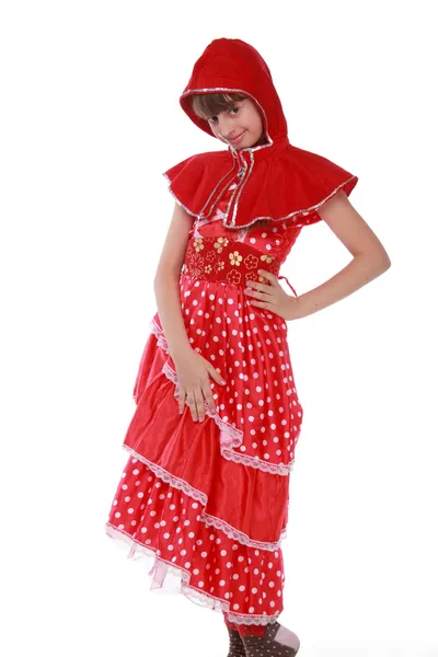 Porträtt av en söt flicka i kostym av röda — Stockfoto