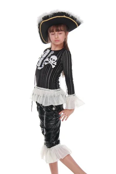 Lovely girl in a beautiful dress pirate hat — Stock Photo, Image