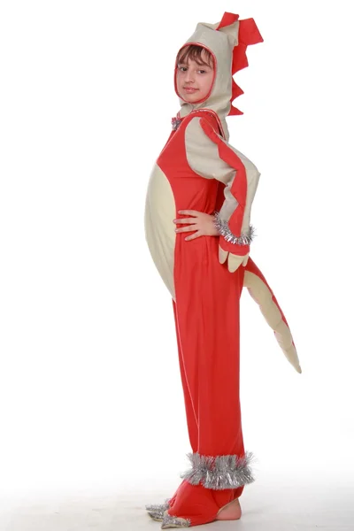 Güzel kız neşeli Kırmızı kostümlü dragon tatil — Stok fotoğraf