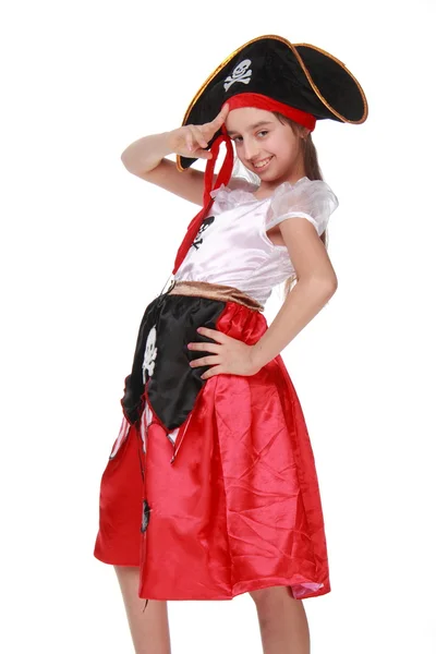 A pretty girl in a pirate costume with hat on white background on Holiday — Stock Photo, Image