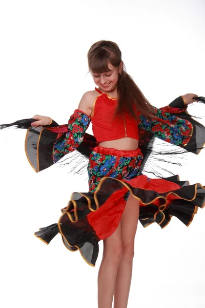 Hermosa chica en vestido de color sobre fondo blanco — Foto de Stock