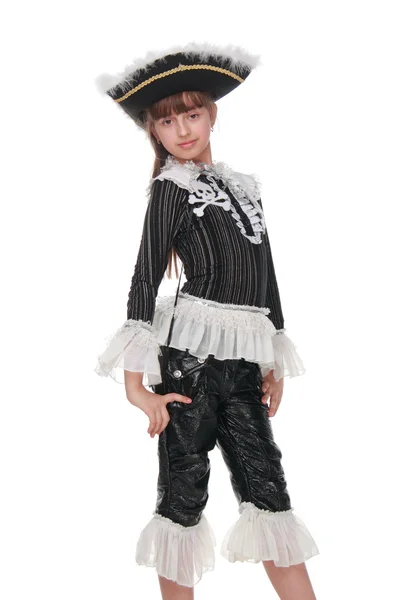Bella ragazza in un bellissimo cappello da pirata vestito — Foto Stock