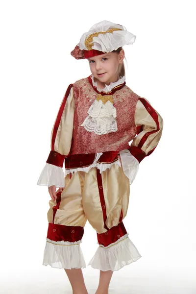 Meisje met carnaval kostuum musketeer. — Stockfoto