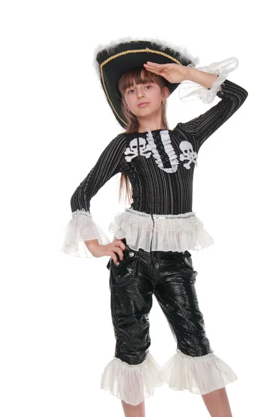 Lovely girl in a beautiful dress pirate hat — Stock Photo, Image