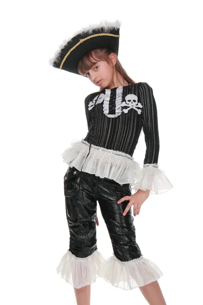 Lovely girl in a beautiful dress pirate hat — Stock Photo, Image