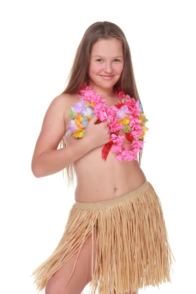 Smuk teenager iført hawaii kostume - Stock-foto