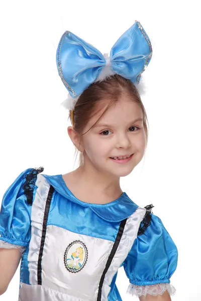 Adorable niña en vestido azul sobre fondo blanco —  Fotos de Stock