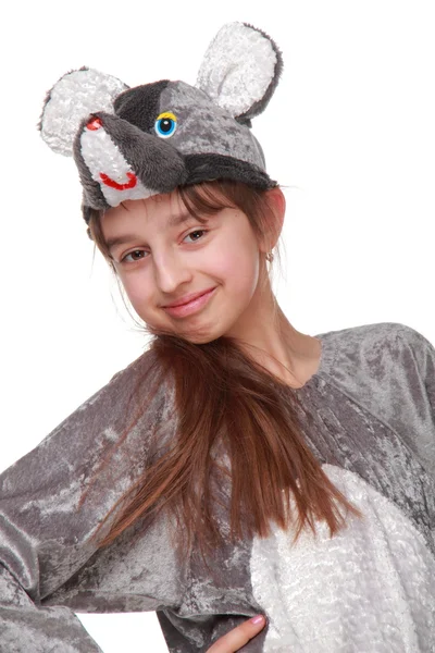 Hermosa niña con una dulce sonrisa en un ridículo vestido de fantasía sobre fondo blanco —  Fotos de Stock