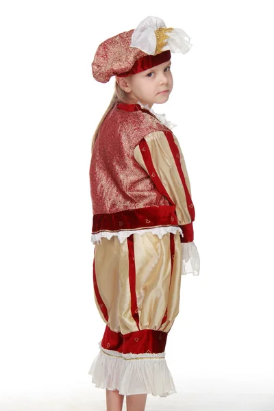 Girl with carnival costume musketeer. — Stock Photo, Image