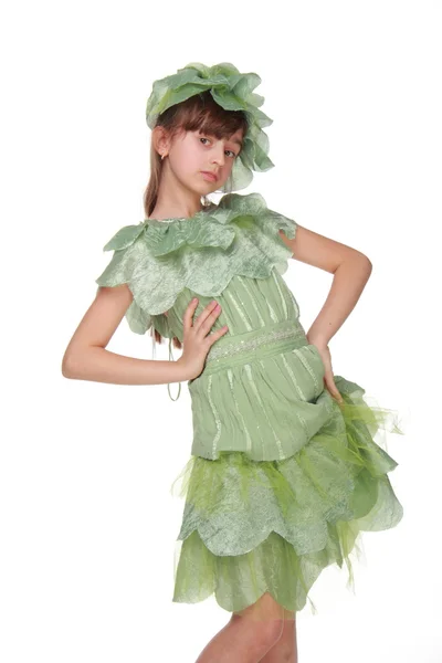 Young girl in a beautiful green dress for fancy ball — Stock Photo, Image