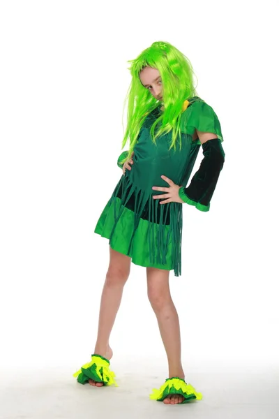 Happy girl in fancy dress is green and green hair — Stock Photo, Image