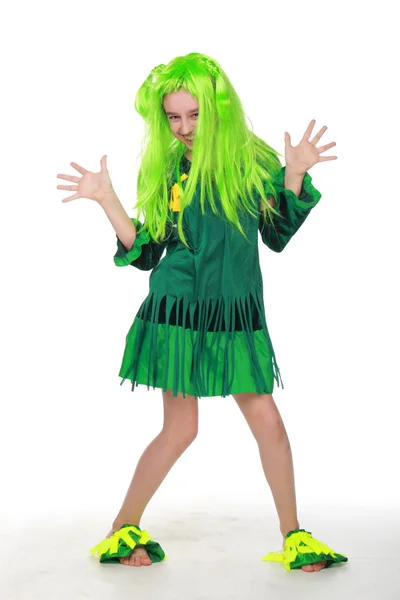 Happy girl in fancy dress is green and green hair — Stock Photo, Image