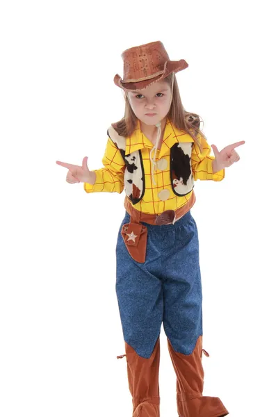 Beautiful little girl in a cowboy costume on white background — Stock Photo, Image