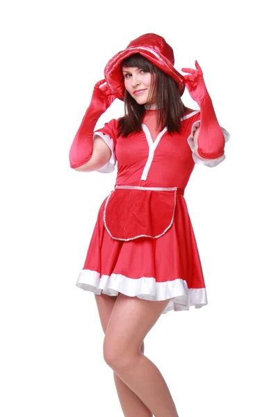 Attraente giovane donna in un bellissimo vestito rosso e cappello rosso — Foto Stock