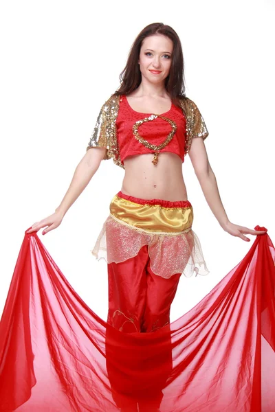 Pretty young girl in eastern dress dancing belly dance — Stock Photo, Image