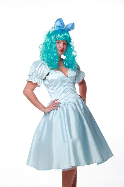 Pretty young woman in a white dress and blue hair — Stock Photo, Image