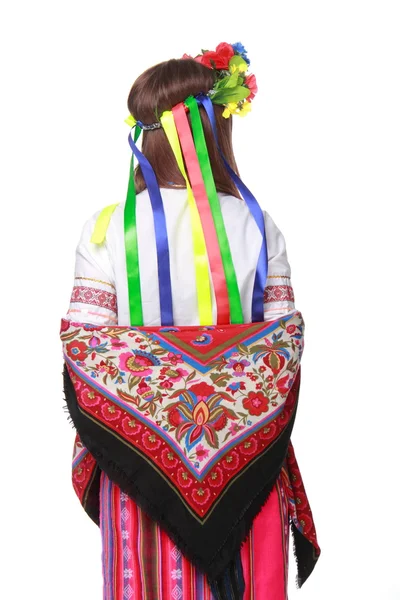Chica en flores corona y ropa tradicional ucraniana sobre fondo blanco —  Fotos de Stock