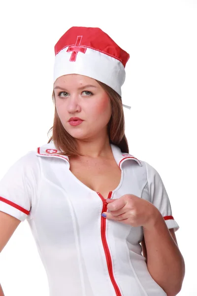 Chica en un traje inteligentevestido blanco y sombrero rojo — Foto de Stock