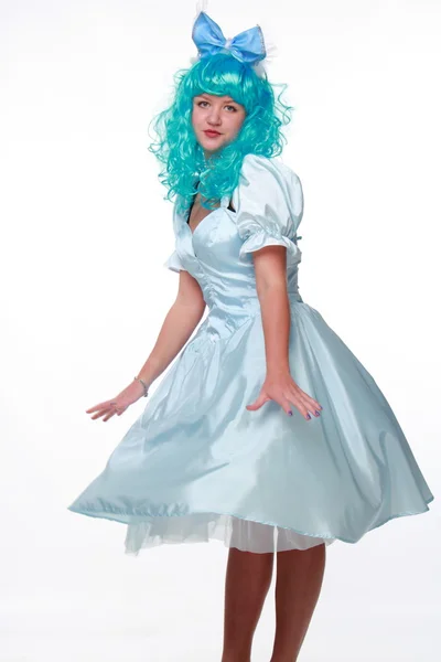 Pretty young woman in a white dress and blue hair — Stock Photo, Image