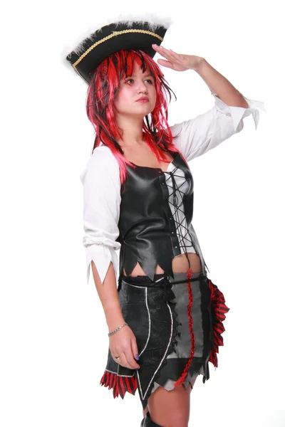 Uma jovem bonita vestida de pirata — Fotografia de Stock