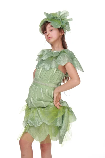 Lovely girl in green suit cabbage on Holiday Fancy dress cabbage for Halloween — Stock Image Lovely girl in green suit cabbage on Holiday Fancy dress cabbage for Halloween Stock Image