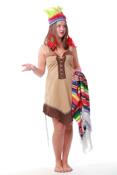 Young brunette in a charming fancy dress on white background Stock Image