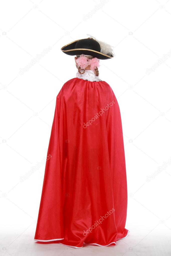 Little girl dressed in red cloak and black hat