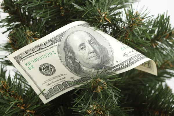 Christmas tree decorated with dollars — Stock Photo, Image