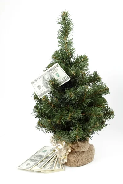 挂在圣诞树上的美元钞票 — 图库照片
