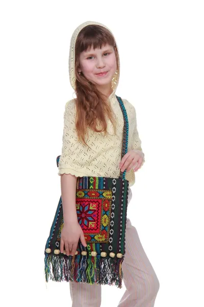Cutel niña con una bolsa de hecho a mano sobre fondo blanco — Foto de Stock