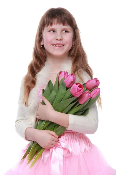 Retrato de uma menina com um grande buquê — Fotografia de Stock