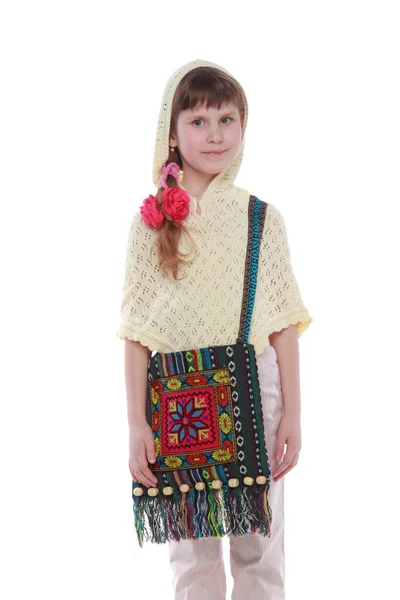 Beautiful little girl with handmade bag — Stock Photo, Image