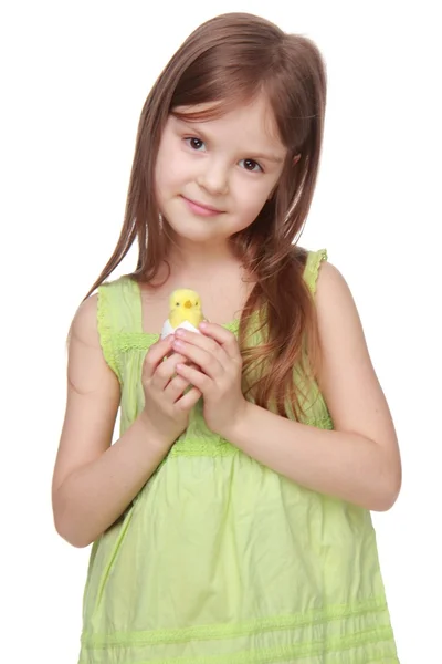 Beautiful girl with little chicken for Easter — Stock Photo, Image