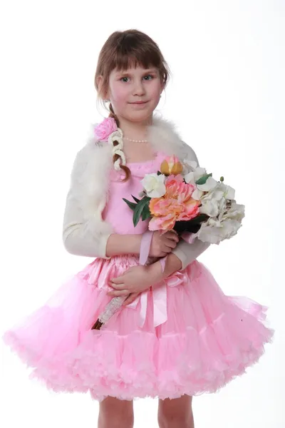 一个小女孩与一个大花束的肖像 — 图库照片