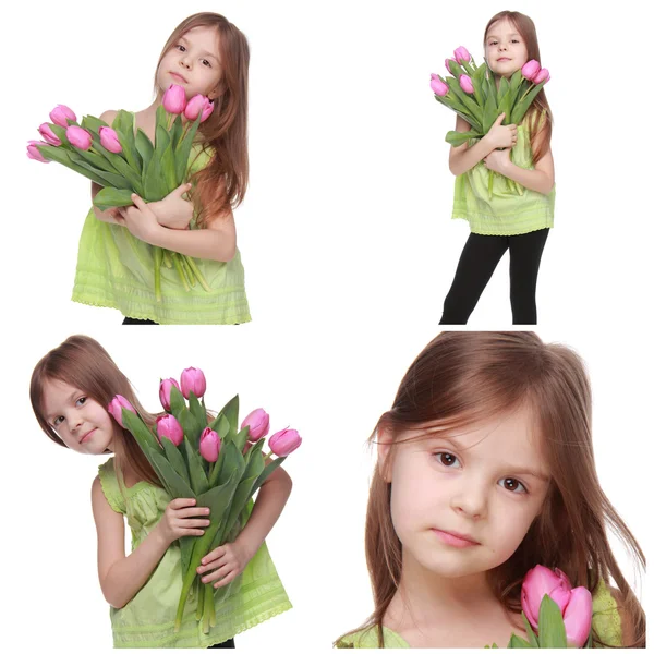 Collage van beelden van meisje met tulpen — Stockfoto