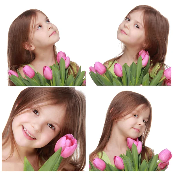 Cute little girl with tulips — Stock Photo, Image