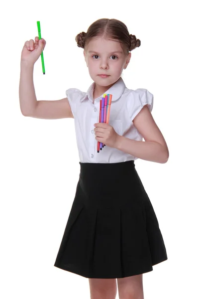 Студійний портрет школярки з ручками з фетру — стокове фото