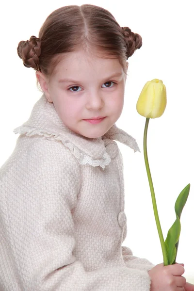 Retrato de estúdio de uma menina com uma tulipa amarela — Fotografia de Stock