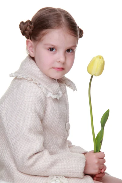 Studio portrait of a little girl with a yellow tulip — Stock Photo, Image