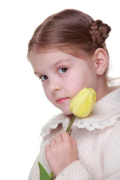 Studio portrait of a little girl with a yellow tulip — Stock Photo, Image