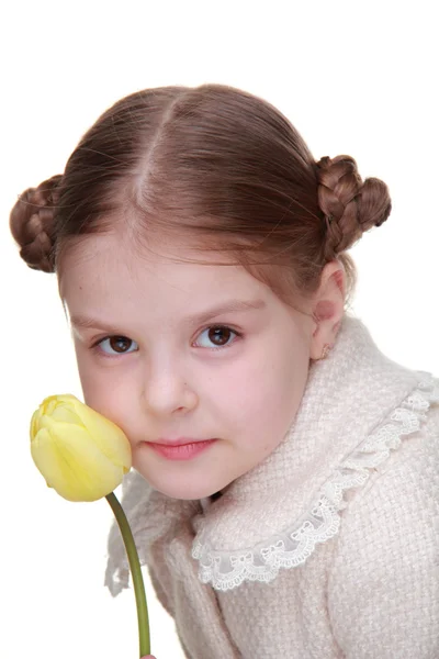 Retrato de estúdio de uma menina com uma tulipa amarela — Fotografia de Stock