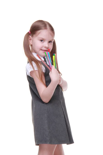 Studio porträtt av skolflicka med fiberpennor — Stockfoto