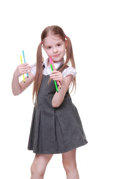 รูปภาพสตูดิโอของเด็กนักเรียนที่มีปากกาทิป — ภาพถ่ายสต็อก