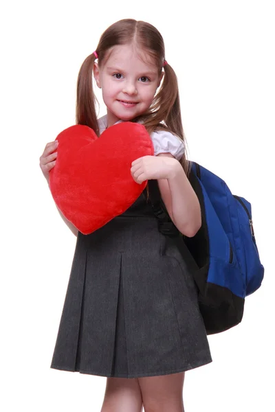 Studentessa caucasica con simbolo del cuore rosso — Foto Stock