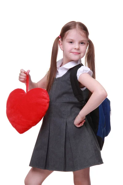 Studentessa caucasica con simbolo del cuore rosso — Foto Stock
