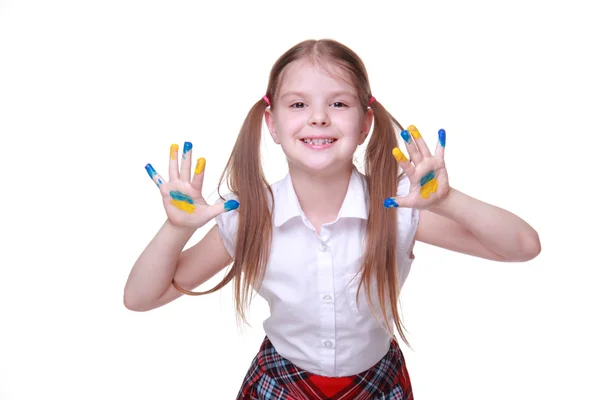 Happy little girl in with hands painted as ukrainian flag — Stock Photo, Image